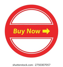 Red circle buy now button with yellow text and arrow