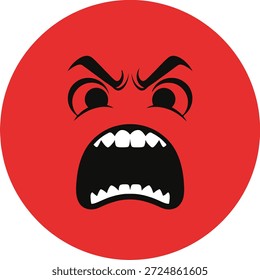 Um círculo vermelho com um rosto caricatural exibindo raiva, com sobrancelhas sulcadas, boca aberta e dentes visíveis.