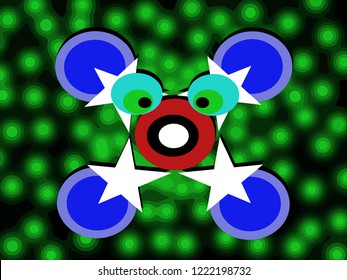 The red circle in the center of the image has a star and another circle merging together. Become a cartoon character. There are many small green circles scattering into the background of the image.