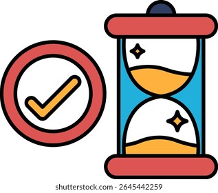 A red circle with a check mark and a blue hourglass. The hourglass is filled with sand and has a red top