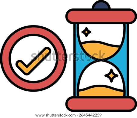 A red circle with a check mark and a blue hourglass. The hourglass is filled with sand and has a red top
