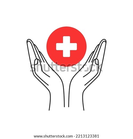 red circle with cross inside with two thin line hand. first aid or donation symbol in simple design