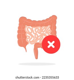 red circle with cross on cartoon intestinal tract icon. flat graphic modern element of bad immune system logotype isolated on white. concept of human internal organ design for easy digestion of meal