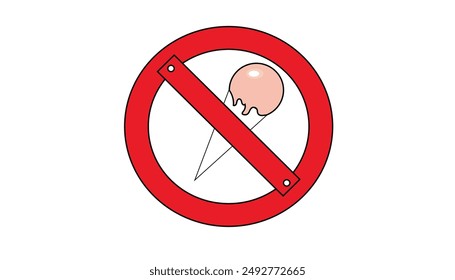 Red circle with crossed out ice cream cone inside, sign prohibiting eating ice cream indoors on white background, ban on entering the premises with ice cream