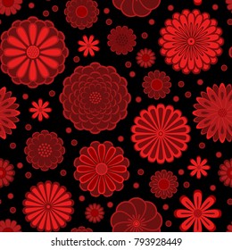 Red circle daisy gerbera flowers on black seamless pattern, vector