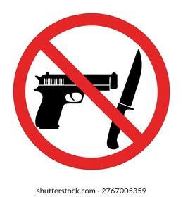 A red circle with a diagonal line across it, indicating prohibition, superimposed over a silhouette of a pistol and a knife.