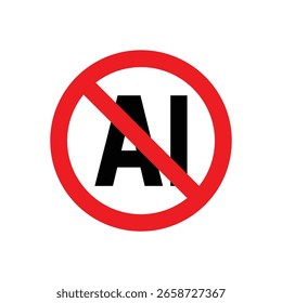 A red circle with a diagonal line crosses out the letters 'AI' in black. This symbol represents a ban or protest against artificial intelligence, highlighting concerns about its impact.