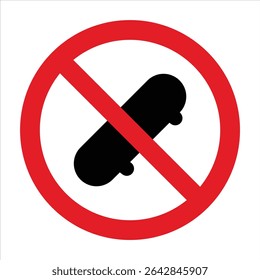 Roter Kreis mit einer diagonalen roten Linie, die ein schwarzes Skateboard überquert, was darauf hinweist, dass Skateboarding nicht erlaubt ist.