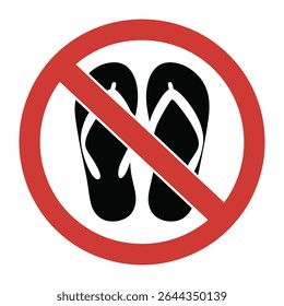 A red circle with a diagonal red line crossing out a pair of black flip flops on a white background. Simple, bold graphic.