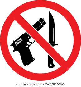 Un círculo rojo con una línea roja diagonal que cruza una pistola y un cuchillo, prohibiendo las armas.