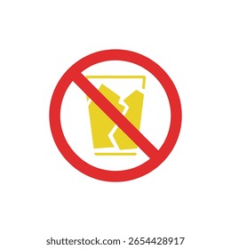 Círculo rojo con línea diagonal que indica el signo de prohibición sobre una ilustración de vidrio fracturado estilizado amarillo sobre un fondo blanco que representa la cristalería frágil y rota.