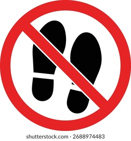Red circle with diagonal line over black shoe prints no shoes sign do not walk sign