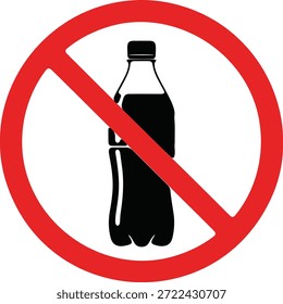 Círculo rojo con una línea diagonal sobre una botella de plástico negro