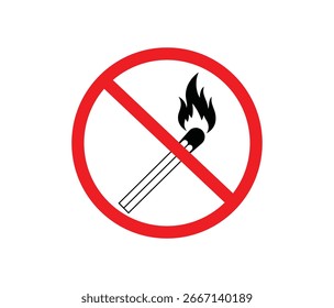 Um círculo vermelho com uma linha diagonal através dele, indicando proibição, sobreposta sobre uma correspondência iluminada. Este símbolo adverte contra chamas abertas e riscos de incêndio.