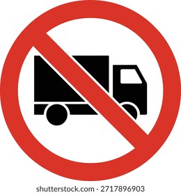 Un círculo rojo con una línea diagonal a través de él, indicando la prohibición, rodea una silueta negra de un camión,