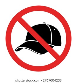 A red circle with a diagonal line through a black silhouette of a baseball cap, indicating a prohibition.