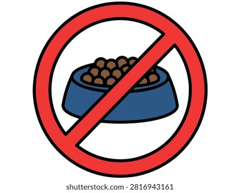 A red circle with a diagonal line through it, indicating prohibition, superimposed over a blue pet bowl filled with brown kibble, symbolizing no food or feeding.