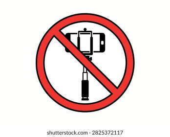A red circle with a diagonal line through it, indicating prohibition, superimposed over an image of a smartphone attached to a selfie stick.