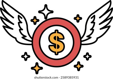 A red circle with a dollar sign in the middle and two wings on either side. The wings are white and the dollar sign is yellow
