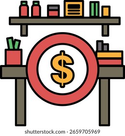 Um círculo vermelho com um símbolo de dólar no meio. A imagem é de uma mesa com vários itens sobre ela, incluindo um livro, um vaso e um copo