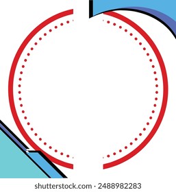 Red circle with dotted border, white center, blue and turquoise geometric shapes. Suitable for graphic design projects, corporate branding, and web backgrounds.