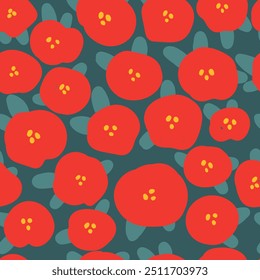 Red circle flowers on green background, seamless pattern with naive flowers .