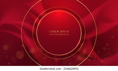 Red circle frame with golden line and silk flowing wave luxury trendy background. Vector illustration