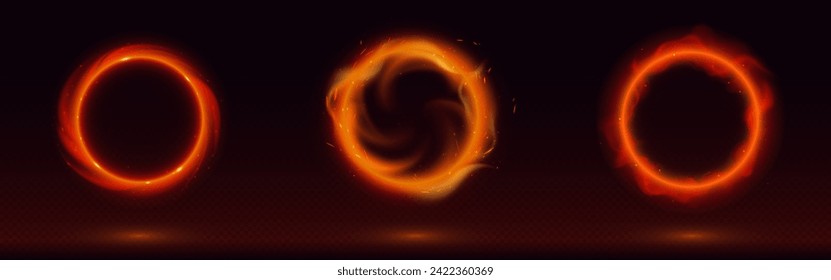 Red circle frames set isolated on transparent background. Vector realistic illustration of round neon borders with haze and shimmering particles, sparkles, magic power effect, space portal design