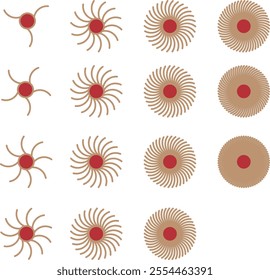 Red circle with gold lines, 15 different geometric symbols from 3 lines to 70 lines