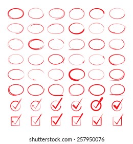 red circle hand drawn set, check mark icons,highlight circle