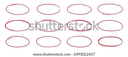 Red circle highlight, pen ovals doodle. Marker ellipses frames in sketch style. Hand drawn vector illustration isolated on white background