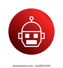 Red circle icon featuring a white outlined robot head symbolizing futuristic innovation and technology