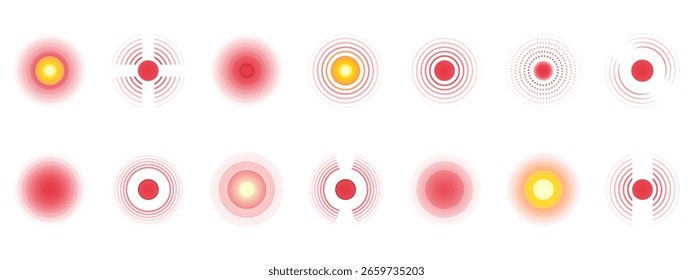 Icono de un círculo rojo que simboliza el dolor. Un objetivo en un área inflamada del cuerpo. Ilustración vectorial para el envasado de analgésicos.