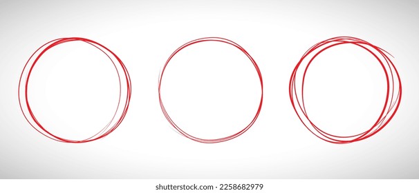 Red circle line hand drawn set. Highlight hand drawing circle isolated on background. Round handwritten red circle. For marking text, note, mark icon, number, marker pen, pencil and text check, vector