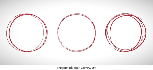 Red circle line hand drawn set. Highlight hand drawing circle isolated on background. Round handwritten red circle. For marking text, note, mark icon, number, marker pen, pencil and text check, vector