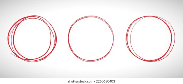Línea roja dibujada a mano. Resaltar el círculo de dibujo a mano aislado en el fondo. Círculo rojo redondo escrito a mano. Para marcar texto, nota, icono de marca, número, lápiz de marcadores, revisión de lápiz y texto, vector