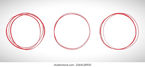 Red circle line hand drawn set. Highlight hand drawing circle isolated on background. Round handwritten red circle. For marking text, note, mark icon, number, marker pen, pencil and text check, vector