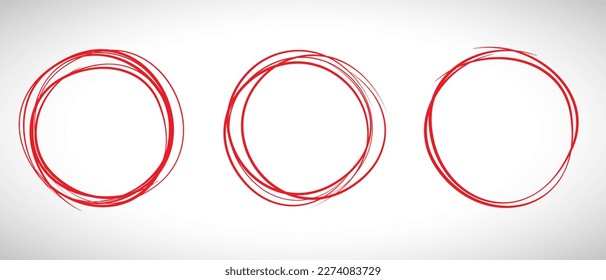 Red circle line hand drawn set. Highlight hand drawing circle isolated on background. Round handwritten circle. For marking text, note, mark icon, number, marker pen, pencil and text check, vector