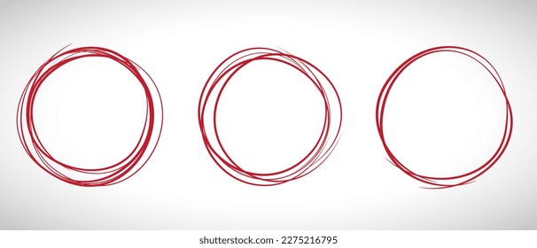 Red circle line hand drawn set. Highlight hand drawing circle isolated on background. Round handwritten circle. For marking text, note, mark icon, number, marker pen, pencil and text check, vector