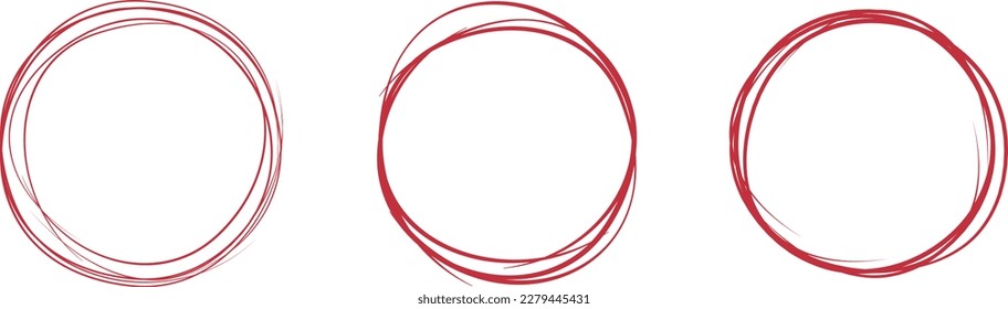 Red circle line hand drawn set. Highlight hand drawing circle isolated on background. Round handwritten circle. For marking text, note, mark icon, number, marker pen, pencil and text check, vector