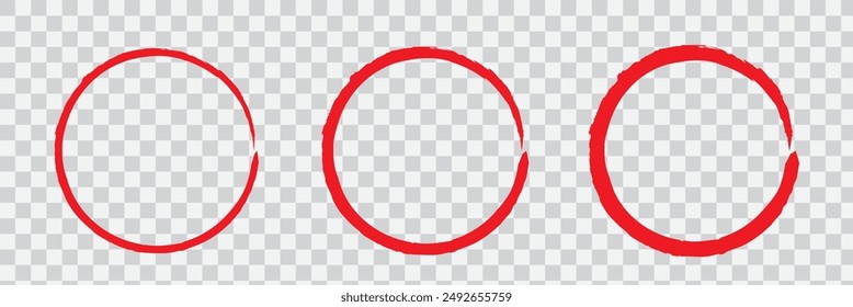 Red circle line hand drawn set. Highlight hand drawing circle isolated on background. Round handwritten circle. For marking text, note, mark icon, number, marker pen, pencil and text check, vector.