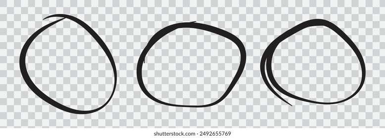 Red circle line hand drawn set. Highlight hand drawing circle isolated on background. Round handwritten circle. For marking text, note, mark icon, number, marker pen, pencil and text check, vector.
