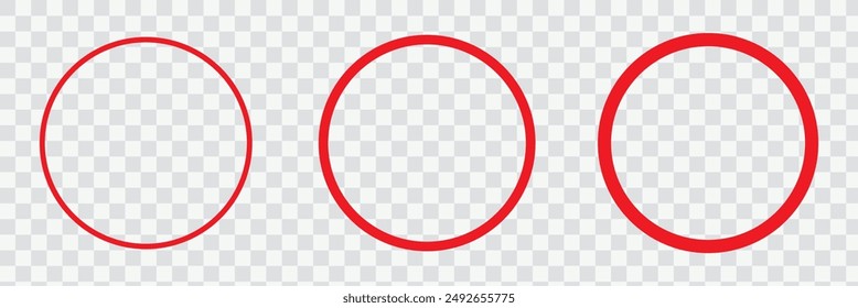 Red circle line hand drawn set. Highlight hand drawing circle isolated on background. Round handwritten circle. For marking text, note, mark icon, number, marker pen, pencil and text check, vector.