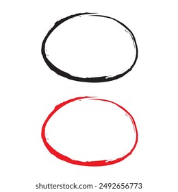 Red circle line hand drawn set. Highlight hand drawing circle isolated on background. Round handwritten red circle. For marking text, note, mark icon, number, marker pen, pencil and text check, vector