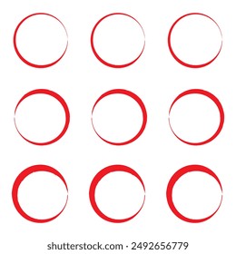 Red circle line hand drawn set. Highlight hand drawing circle isolated on background. Round handwritten red circle. For marking text, note, mark icon, number, marker pen, pencil and text check, vector