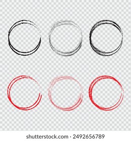 Conjunto dibujado a mano de línea circular roja. Resalte el círculo de dibujo a mano aislado en el fondo. Círculo rojo redondo escrito a mano. Para marcar texto, nota, icono de marca, número, rotulador, lápiz y verificación de texto, Vector