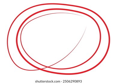 Conjunto dibujado a mano de línea de círculo rojo. Resalte el círculo de dibujo a mano aislado en el fondo. Círculo redondo escrito a mano. Para marcar texto, nota, ícono de marca, número, lápiz marcador, lápiz y verificación de texto, Vector