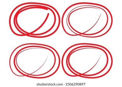 Red circle line hand drawn set. Highlight hand drawing circle isolated on background. Round handwritten circle. For marking text, note, mark icon, number, marker pen, pencil and text check, vector