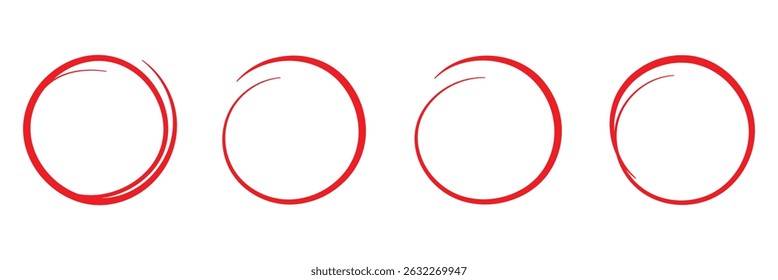 Icono de boceto de línea de círculo rojo en estilo dibujado a mano. Conjunto de dibujado a mano círculo redondo rojo garabatos elemento de diseño resaltador. Ilustración vectorial de garabato circular sobre fondo aislado.