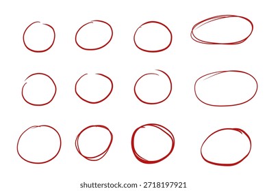 Círculo rojo marca dibujado a mano sketchy pincel, óvalo, curva o redondo conjunto, doodle marca de realce o cheque. Accidente cerebrovascular de Grunge en la escuela u oficina. Señal importante. 